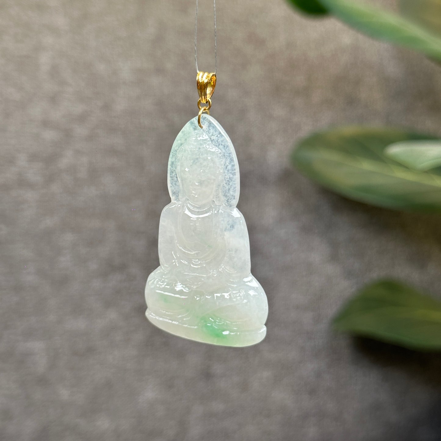 Sakyamuni (Adida) Buddha Translucent Light Green Natural Jadeite Jade Type A Pendant with 18 k Gold Hook