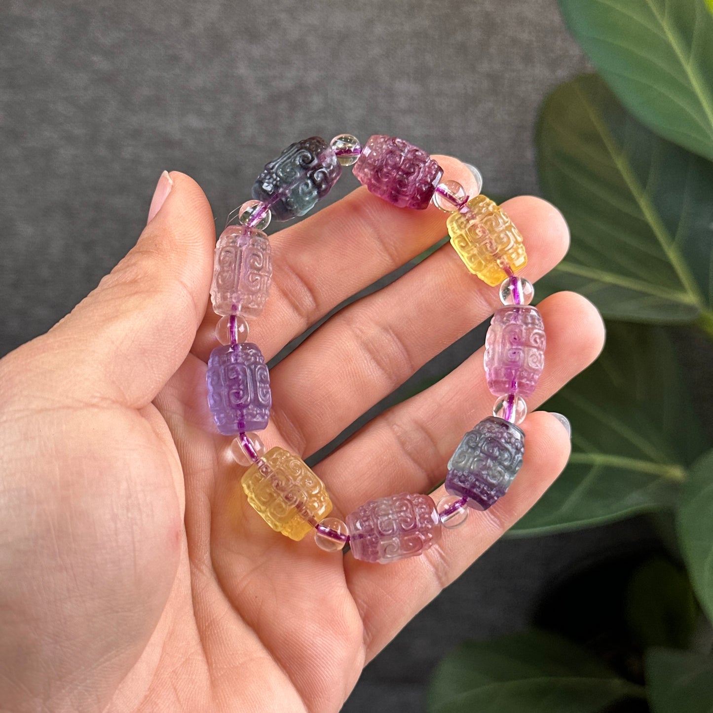 Natural Fluorite Barrel Carved Bracelet Size 10.8 mm