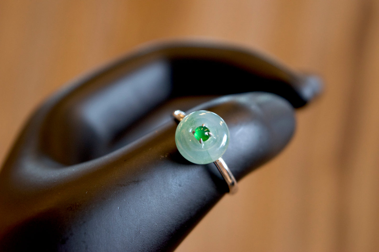 Floral Light Green Icy Dong Dieu Natural Jadeite Jade Ring in 18 k White Gold Setting Size 1.78 with Gem Review Certificate