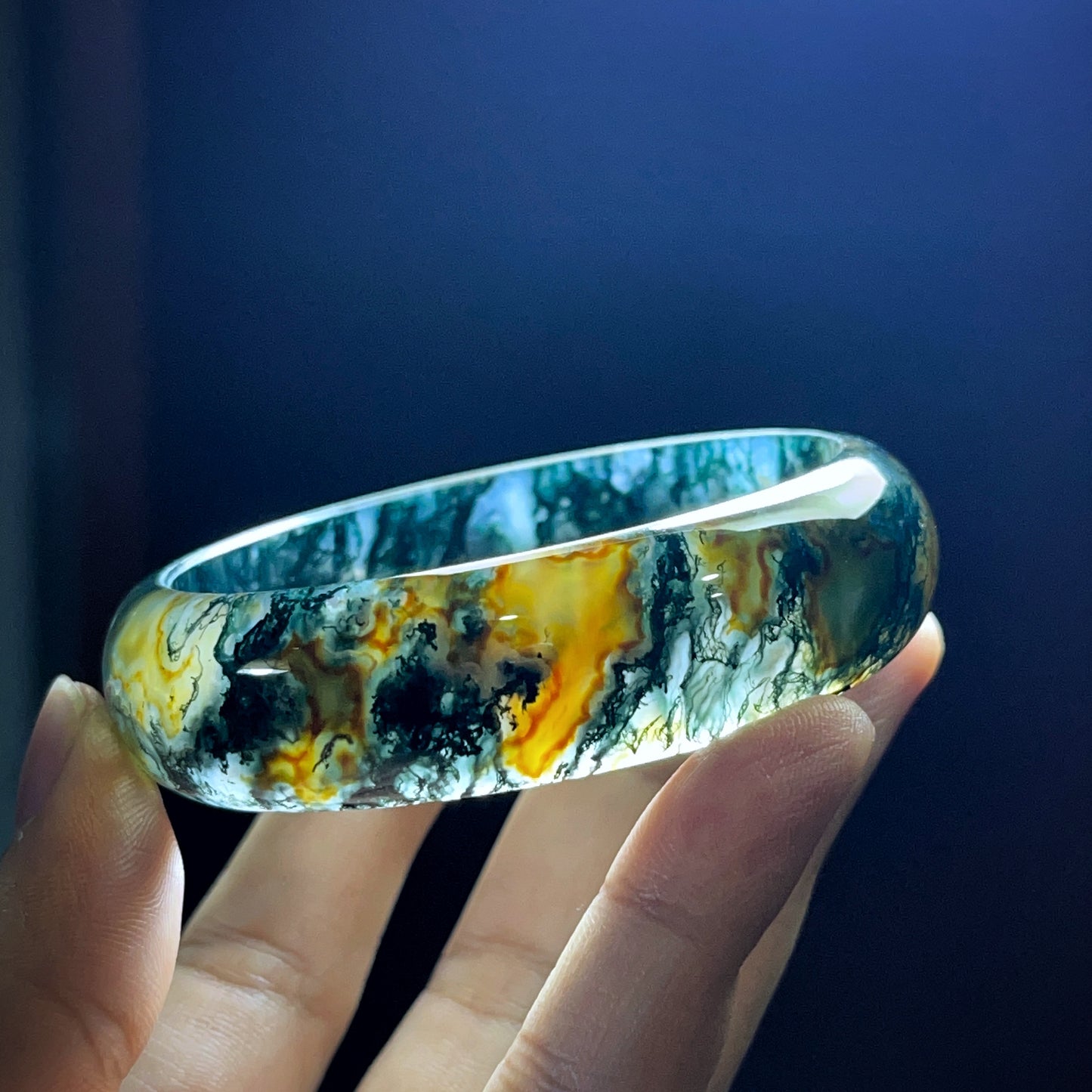 Natural Moss Agate Bangle Leaf Style Size 57 mm