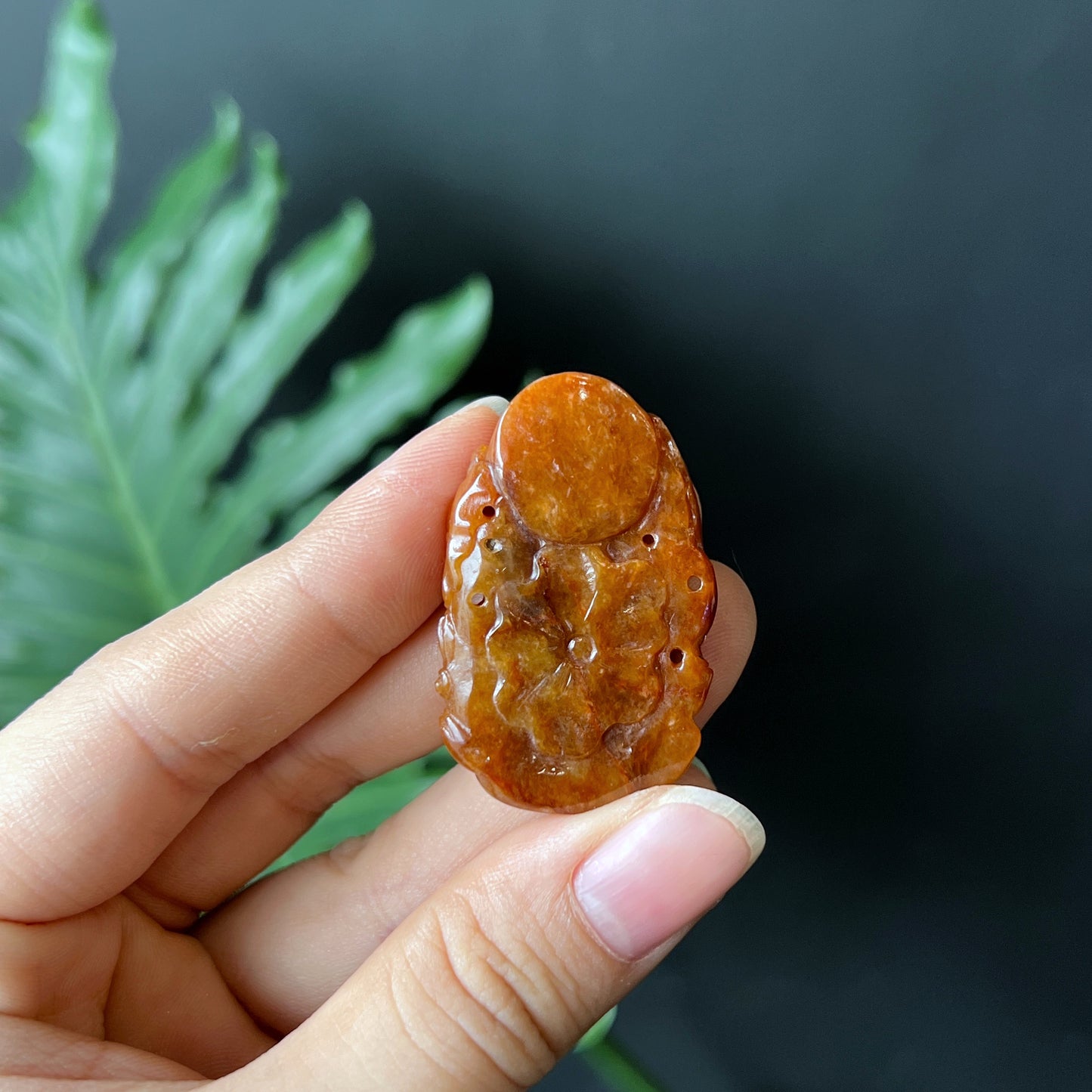 Lotus Guan Yin (Quan The Am) Buddha Orange Natural Jadeite Jade Pendant