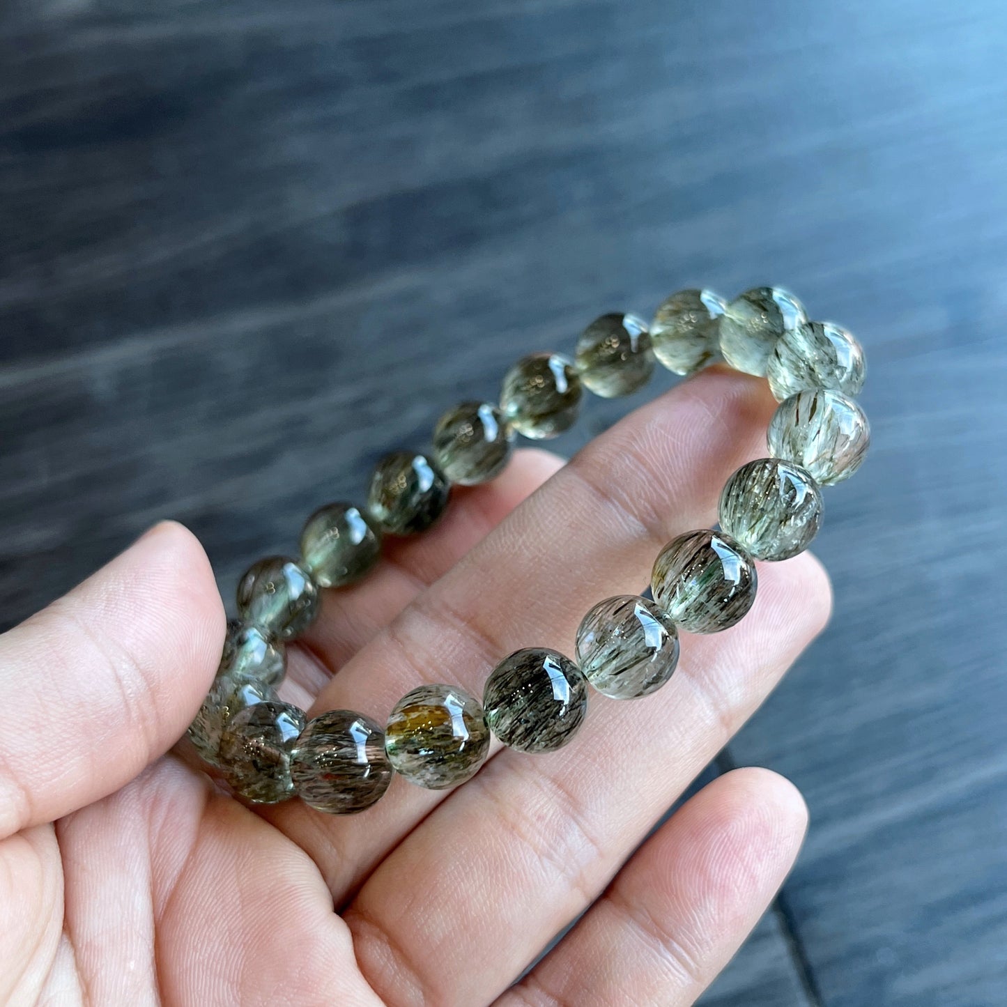 Natural Sequenced Natural Green Rutilated Quartz Bracelet Size 10 mm