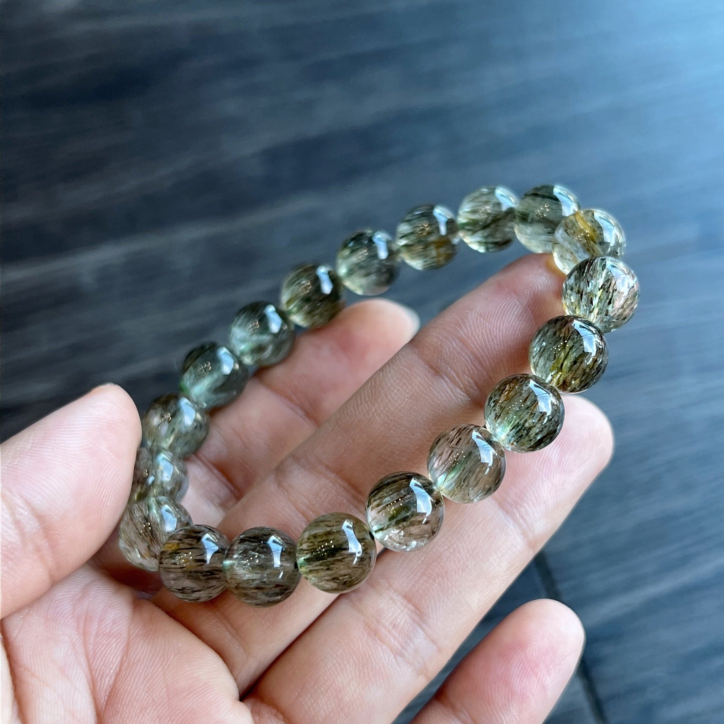 Natural Sequenced Natural Green Rutilated Quartz Bracelet Size 10 mm