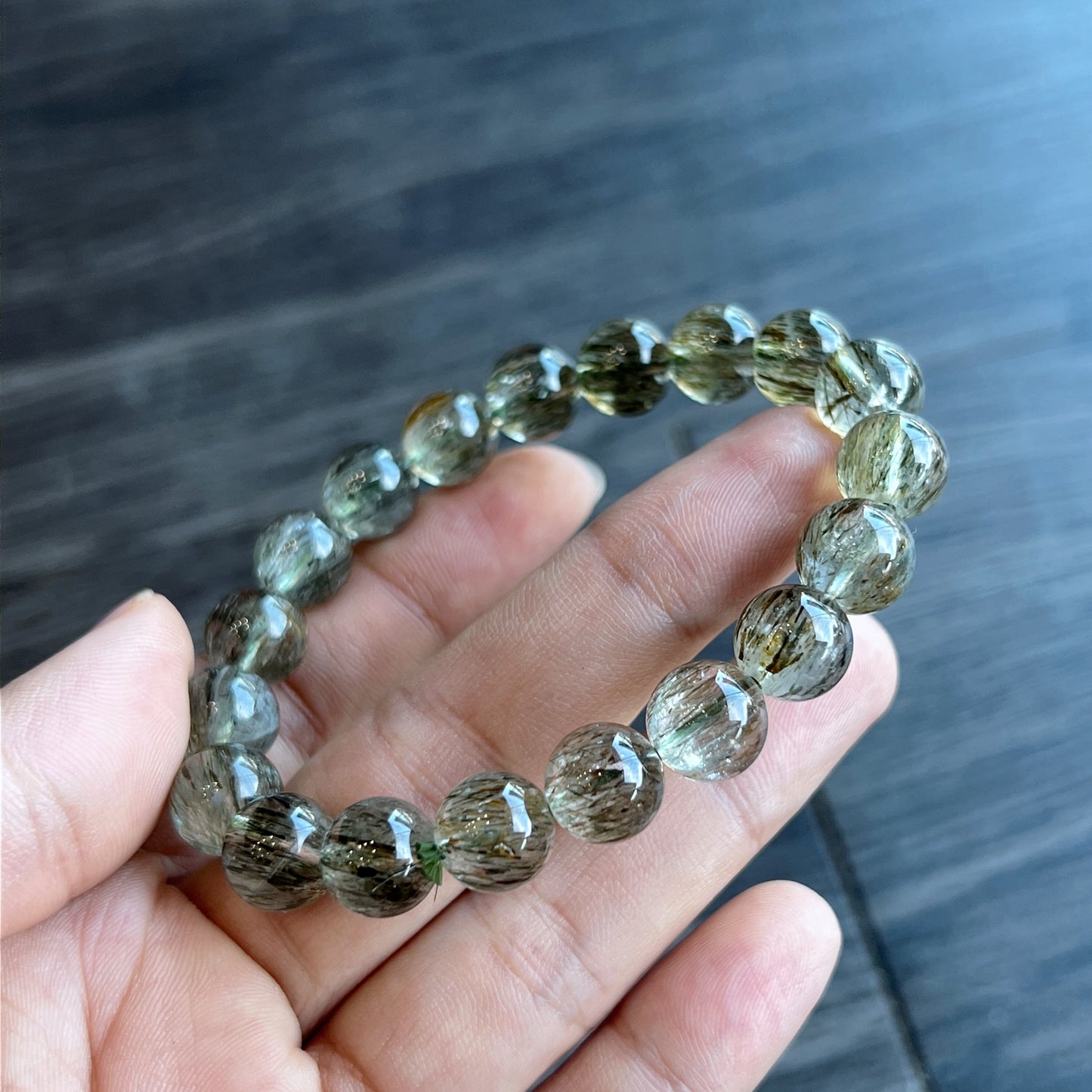 Natural Sequenced Natural Green Rutilated Quartz Bracelet Size 10 mm