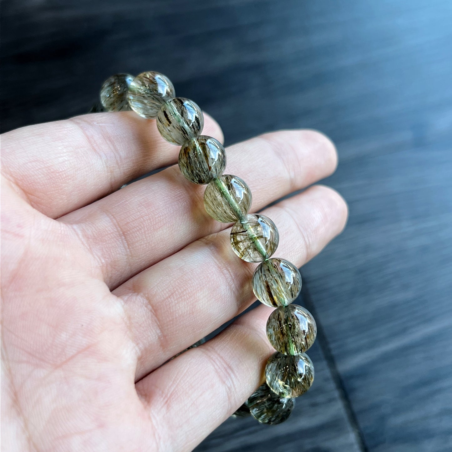 Natural Sequenced Natural Green Rutilated Quartz Bracelet Size 10 mm