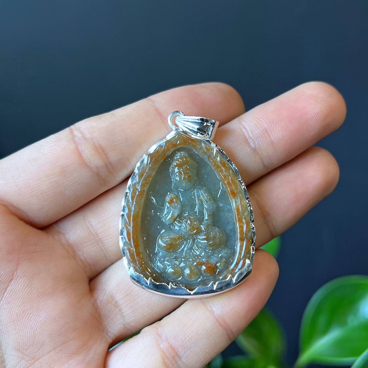 Guan Yin (Quan The Am) Buddha Orange Jadeite Jade Pendant in Silver Setting