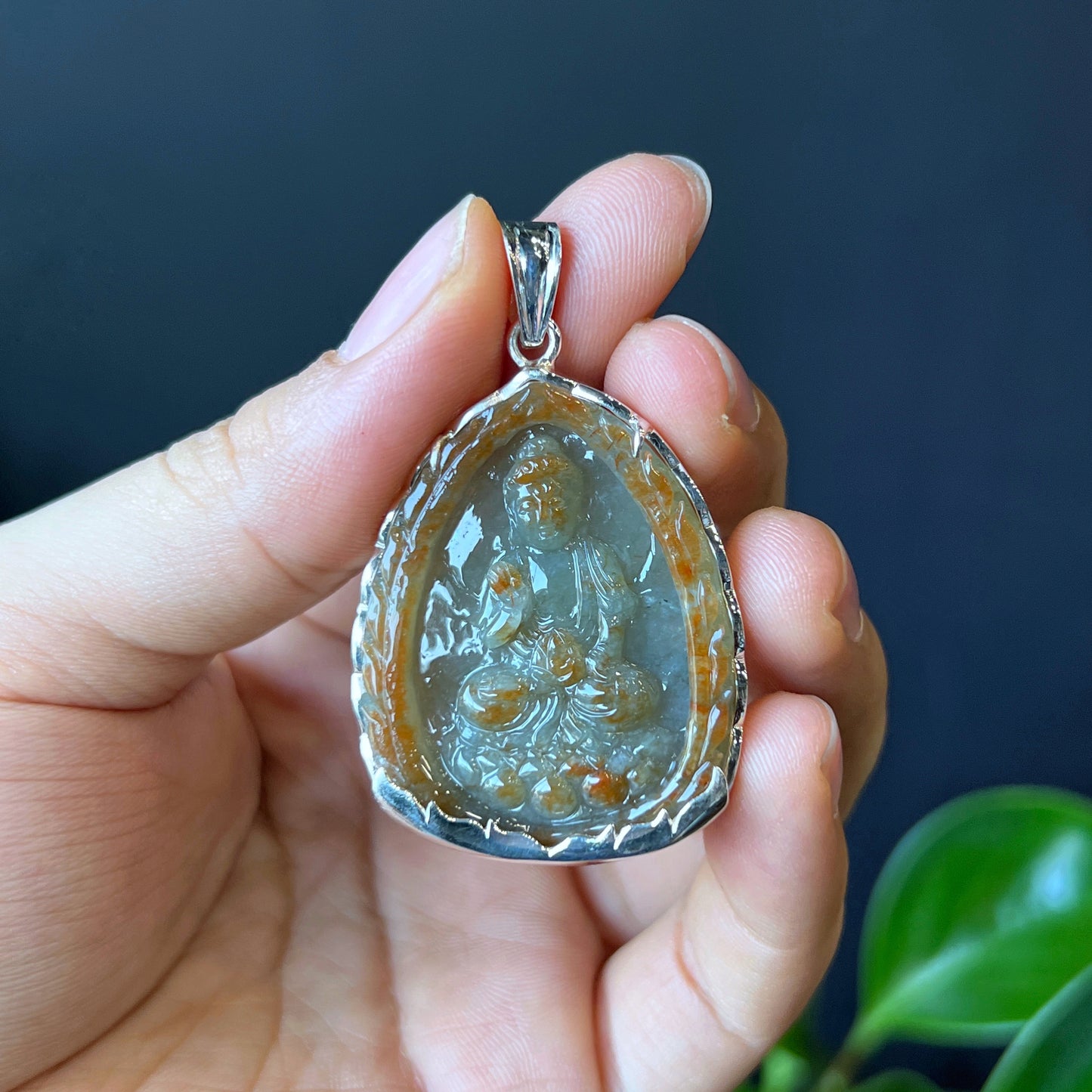 Guan Yin (Quan The Am) Buddha Orange Jadeite Jade Pendant in Silver Setting