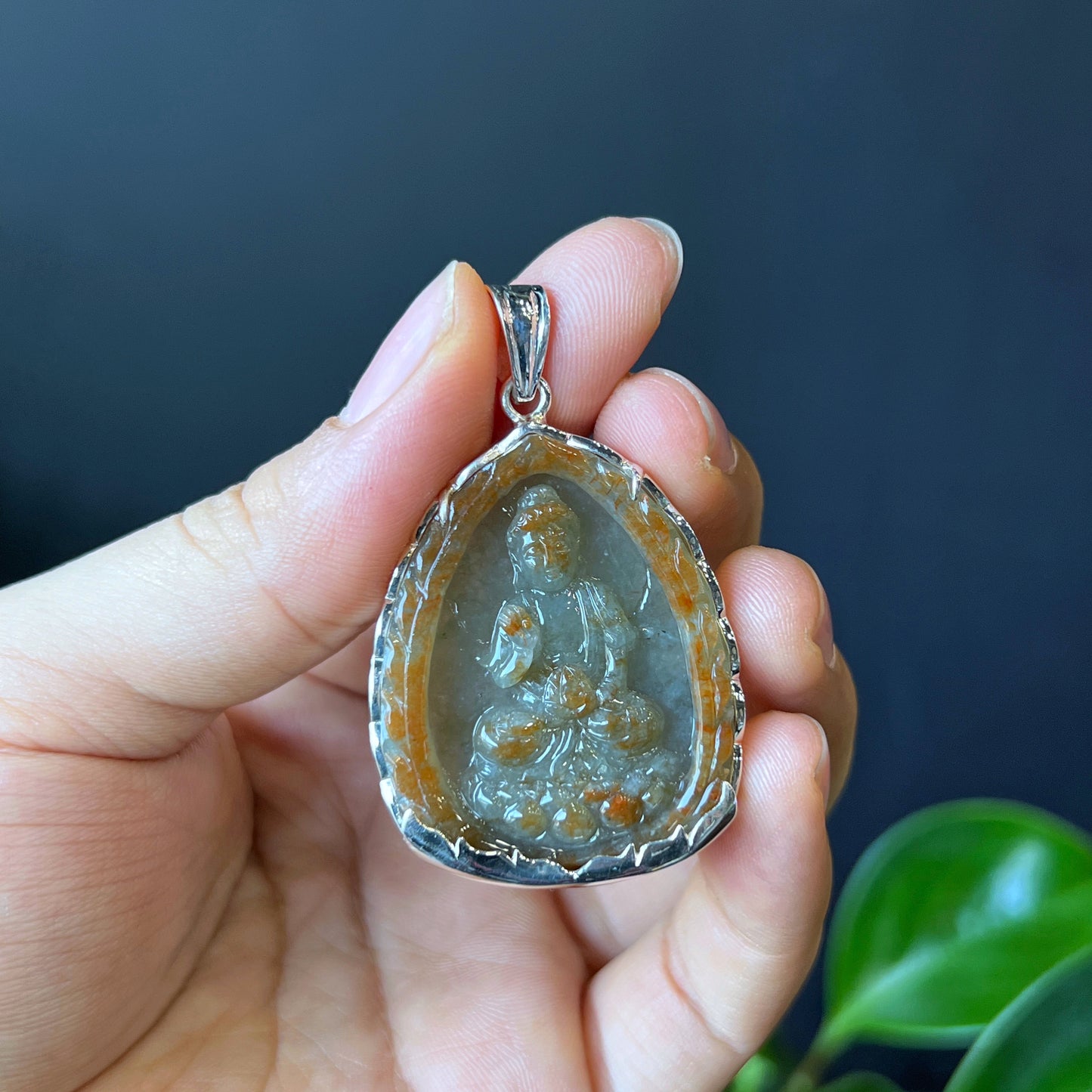 Guan Yin (Quan The Am) Buddha Orange Jadeite Jade Pendant in Silver Setting