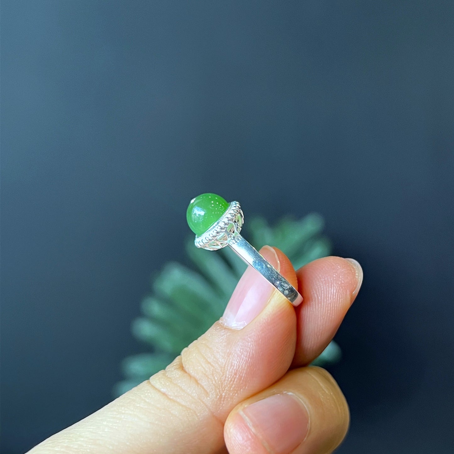 Natural Nephrite Jade Bead Ring in Silver Setting Size 1.7