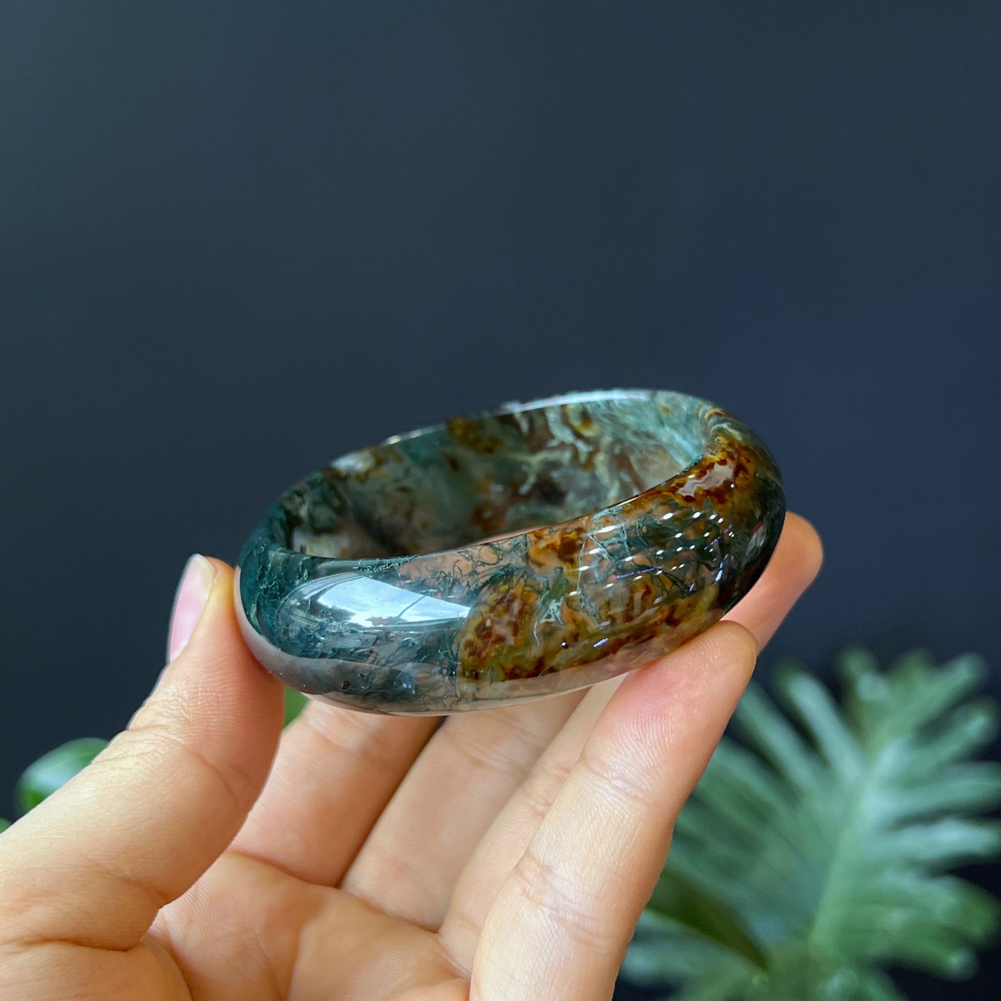 Natural Moss Agate Bangle Leaf Style Size 55 mm
