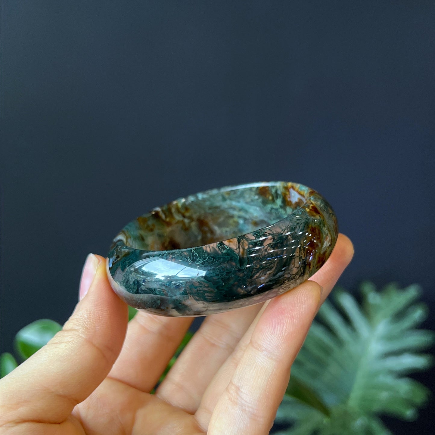 Natural Moss Agate Bangle Leaf Style Size 55 mm