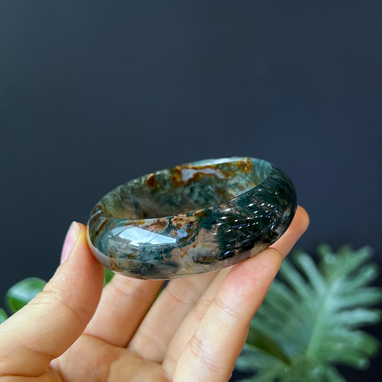 Natural Moss Agate Bangle Leaf Style Size 55 mm