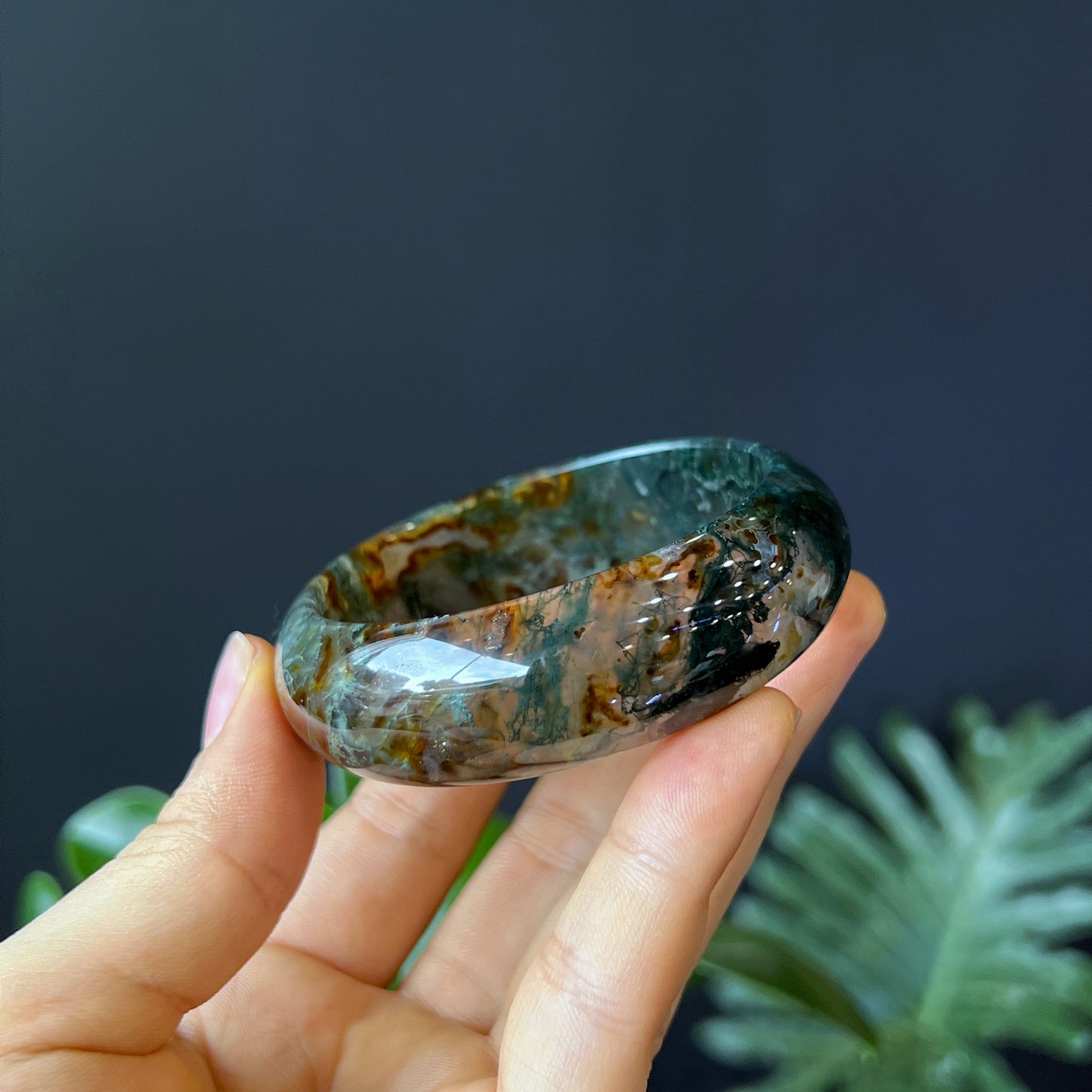 Natural Moss Agate Bangle Leaf Style Size 55 mm
