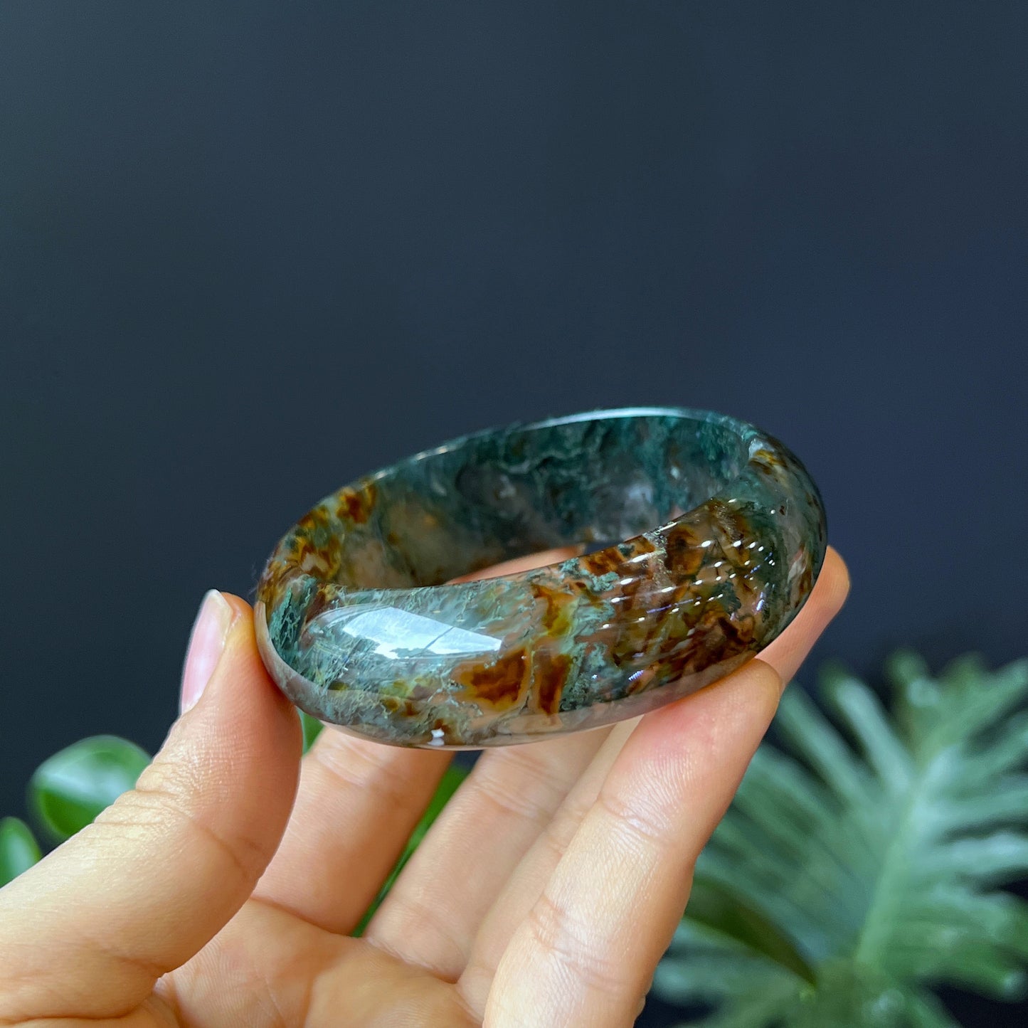 Natural Moss Agate Bangle Leaf Style Size 55 mm