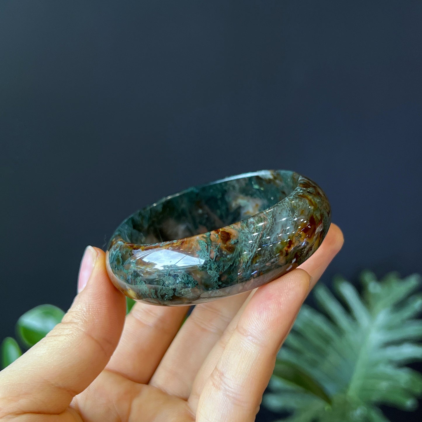 Natural Moss Agate Bangle Leaf Style Size 55 mm