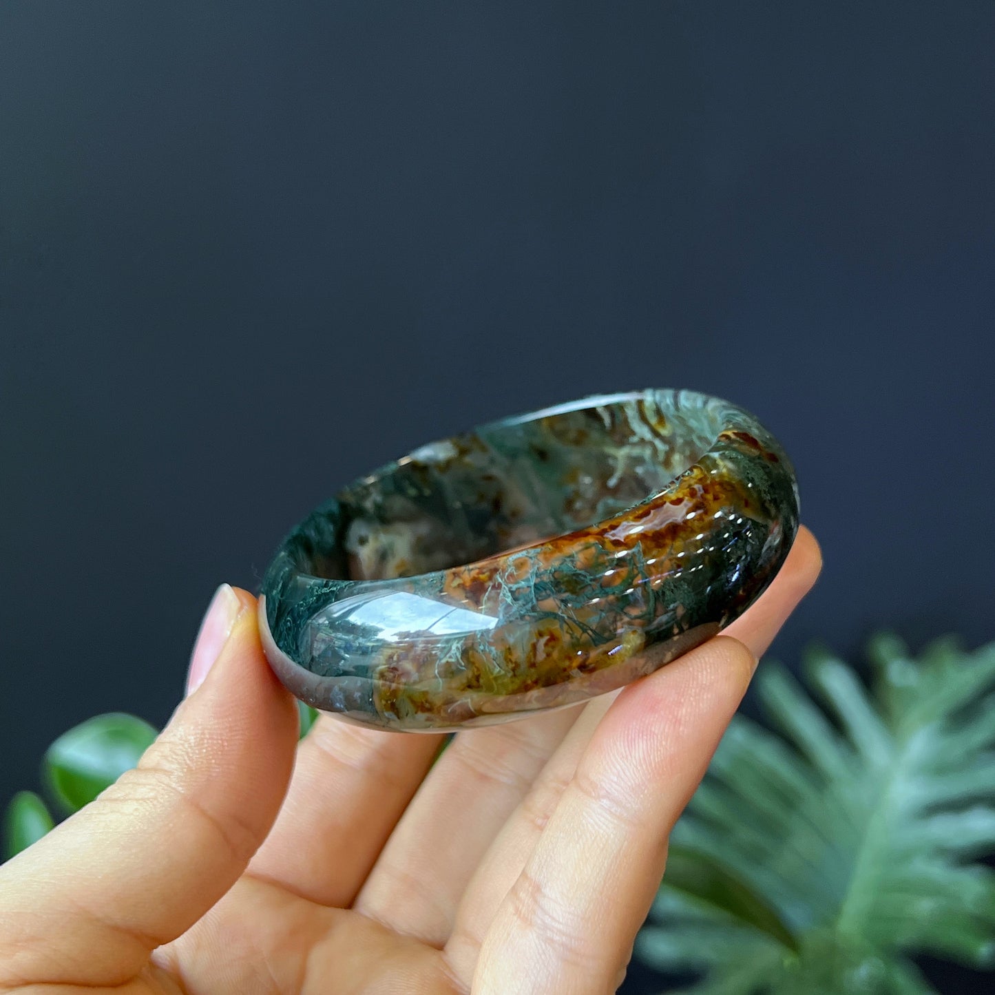 Natural Moss Agate Bangle Leaf Style Size 55 mm