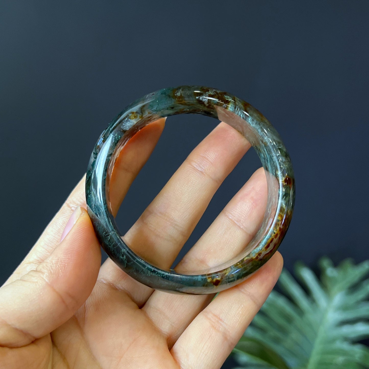 Natural Moss Agate Bangle Leaf Style Size 55 mm