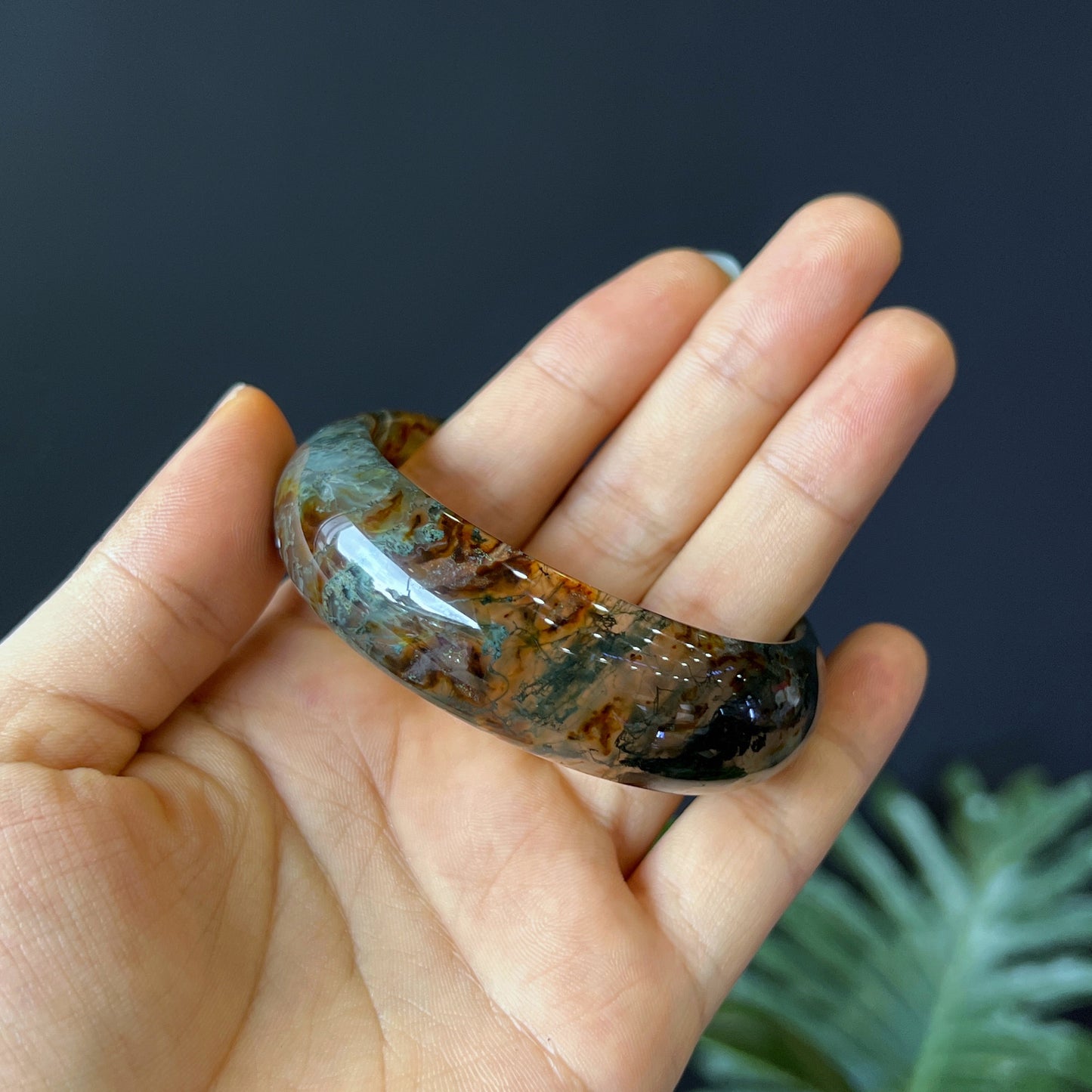 Natural Moss Agate Bangle Leaf Style Size 55 mm
