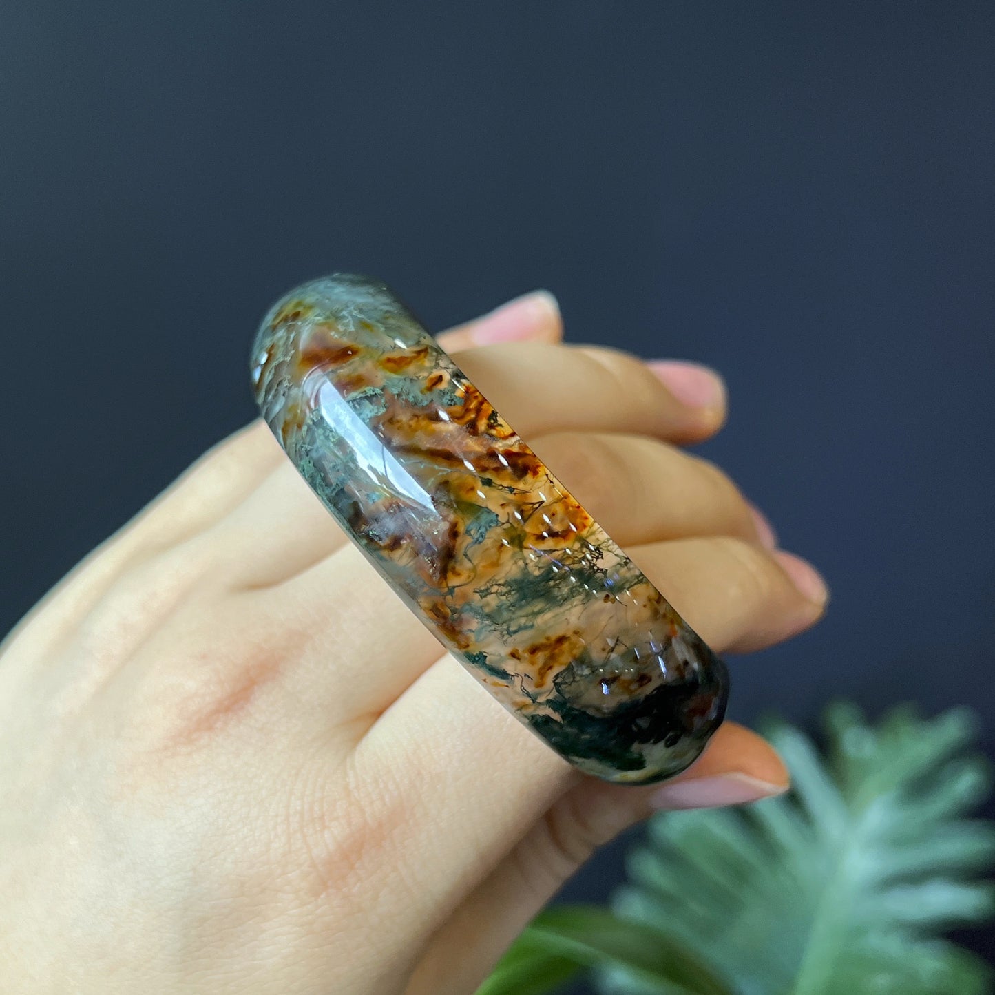 Natural Moss Agate Bangle Leaf Style Size 55 mm