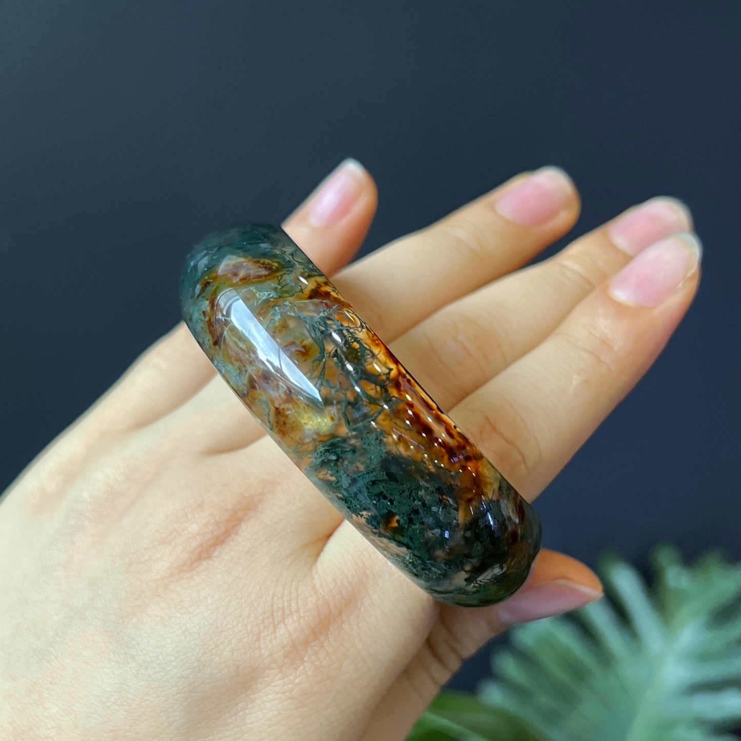 Natural Moss Agate Bangle Leaf Style Size 55 mm