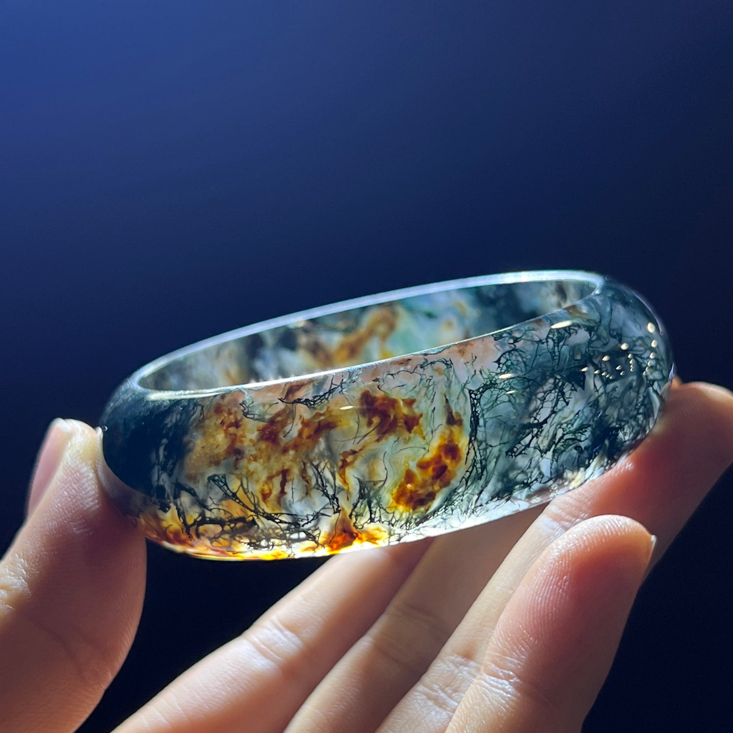 Natural Moss Agate Bangle Leaf Style Size 55 mm