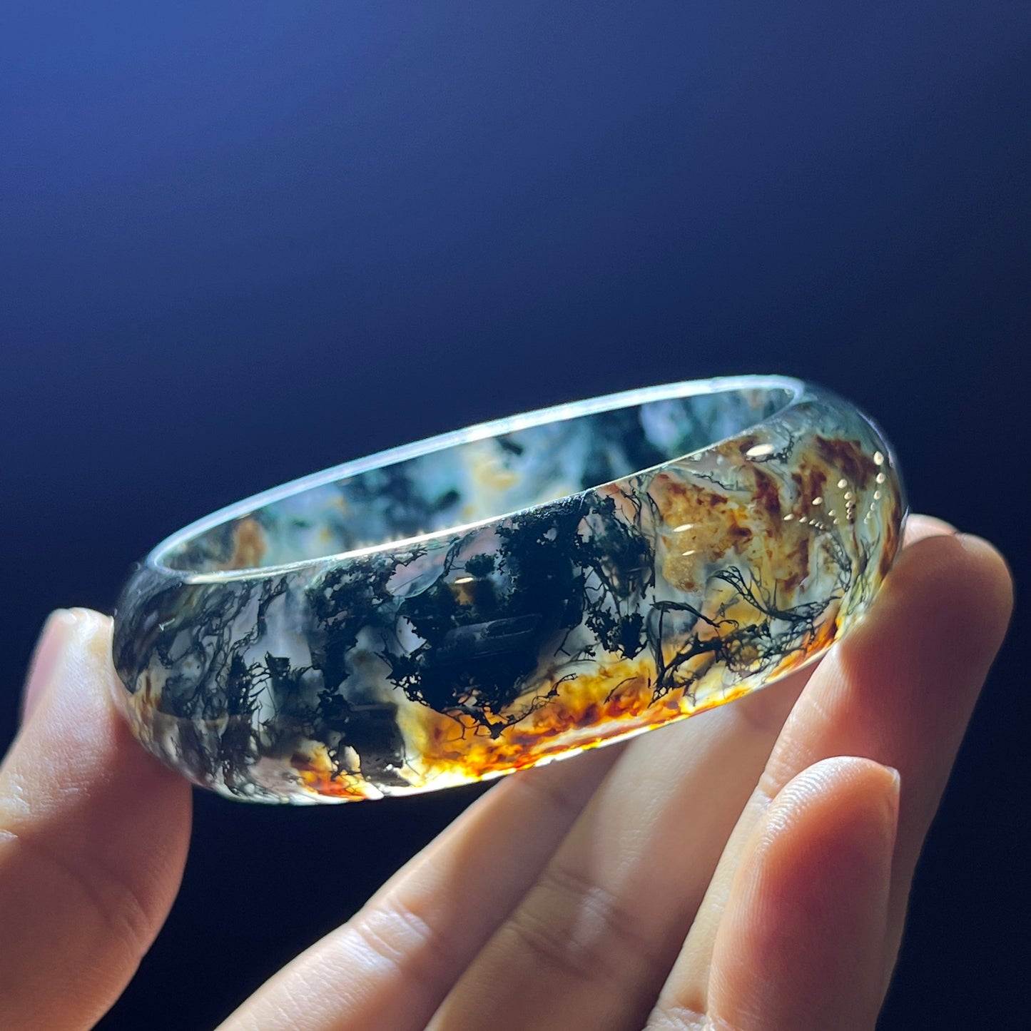 Natural Moss Agate Bangle Leaf Style Size 55 mm