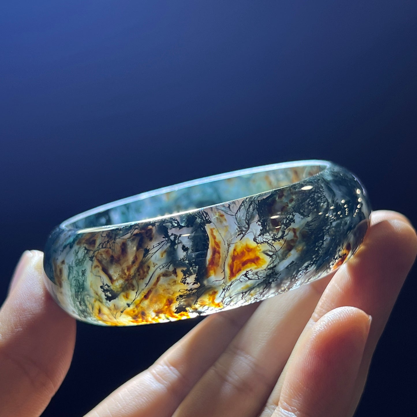 Natural Moss Agate Bangle Leaf Style Size 55 mm