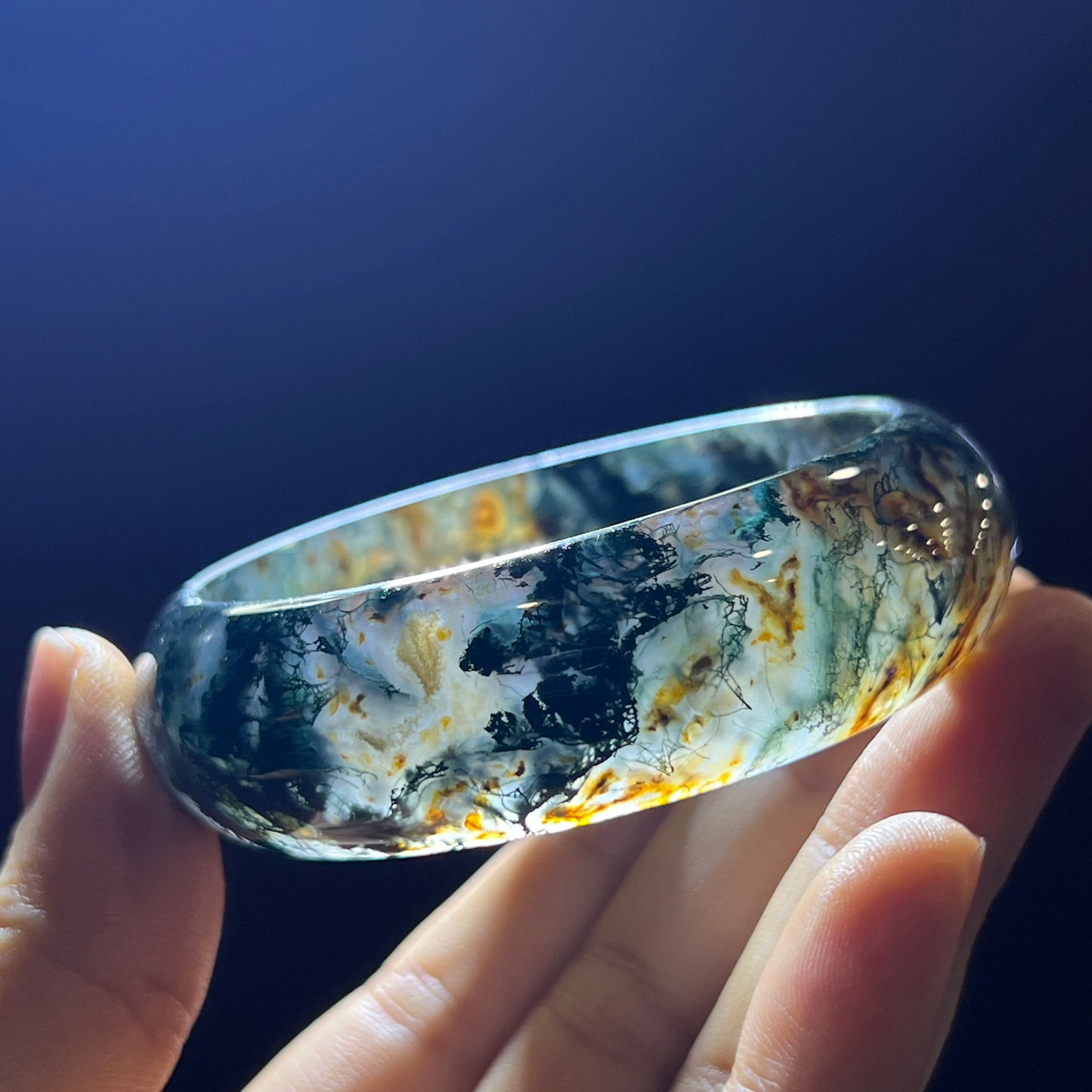 Natural Moss Agate Bangle Leaf Style Size 55 mm