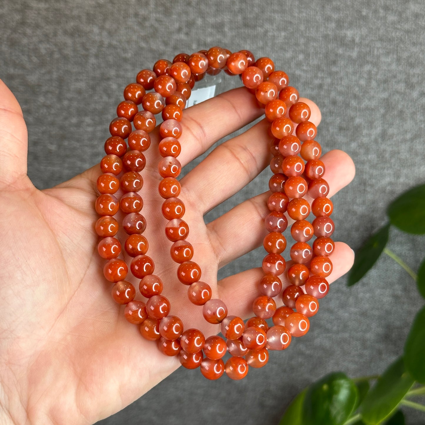 Natural Chalcedony-Nan Hong Agate Triple Wrap 108 beads Bracelet Size 8.8 mm