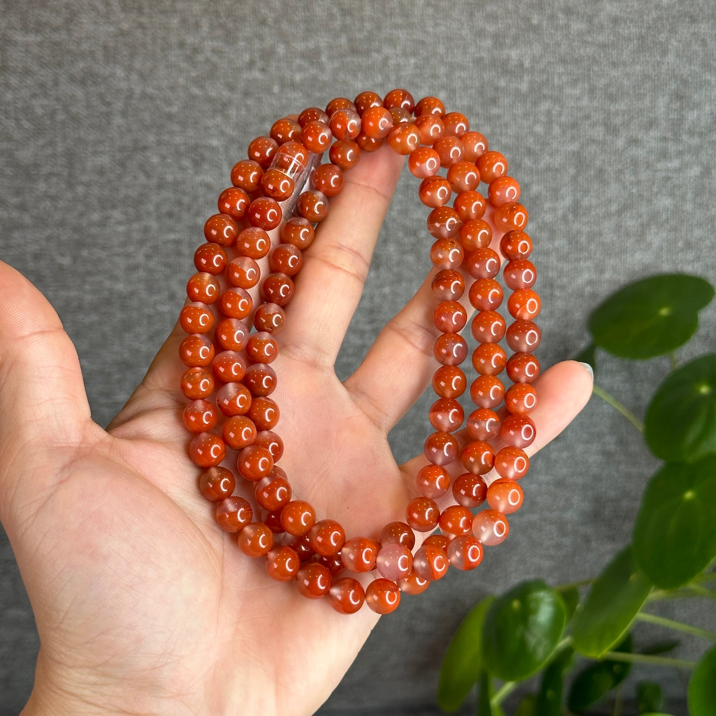 Natural Chalcedony-Nan Hong Agate Triple Wrap 108 beads Bracelet Size 8.8 mm
