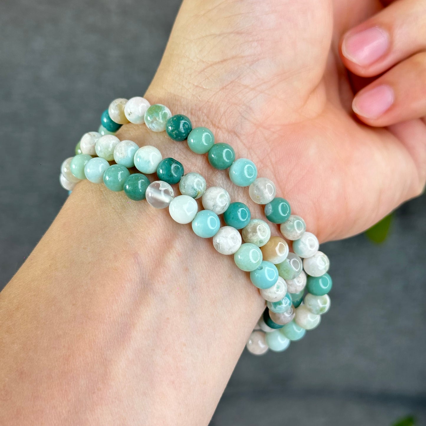 Natural Green Floral Agate Triple Wrap Bracelet Size 6.7 mm