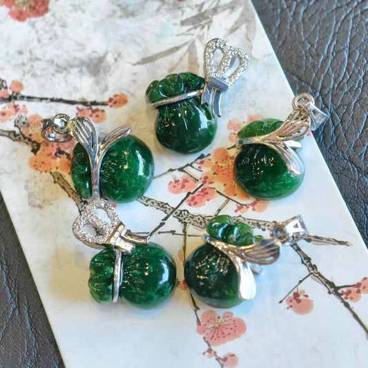 Prosperous Bag Natural Nephrite Jade Pendant  with Gold Plated  Silver Hook
