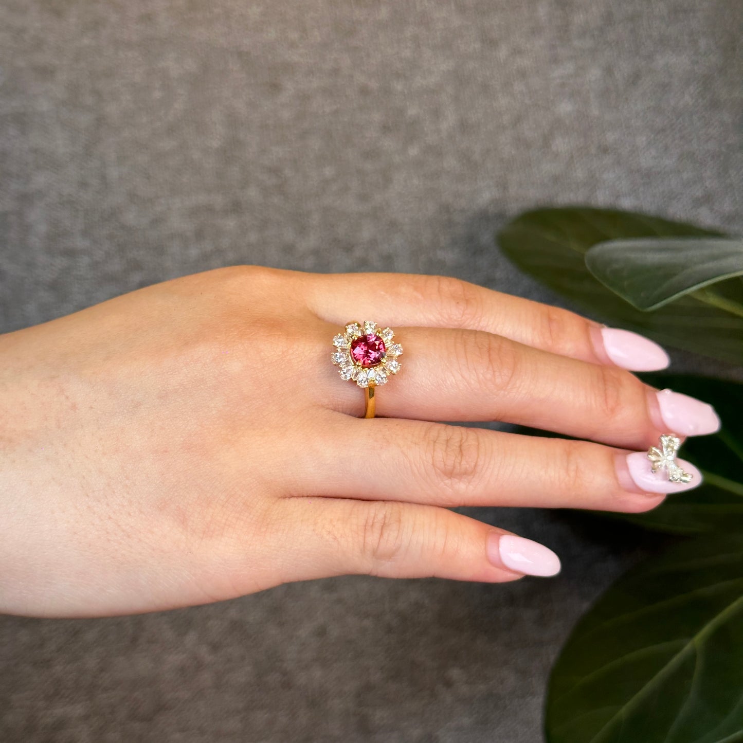 Natural Rosey Red Spinel Ring in 10K Yellow Gold with White Stone Setting Size 1.7