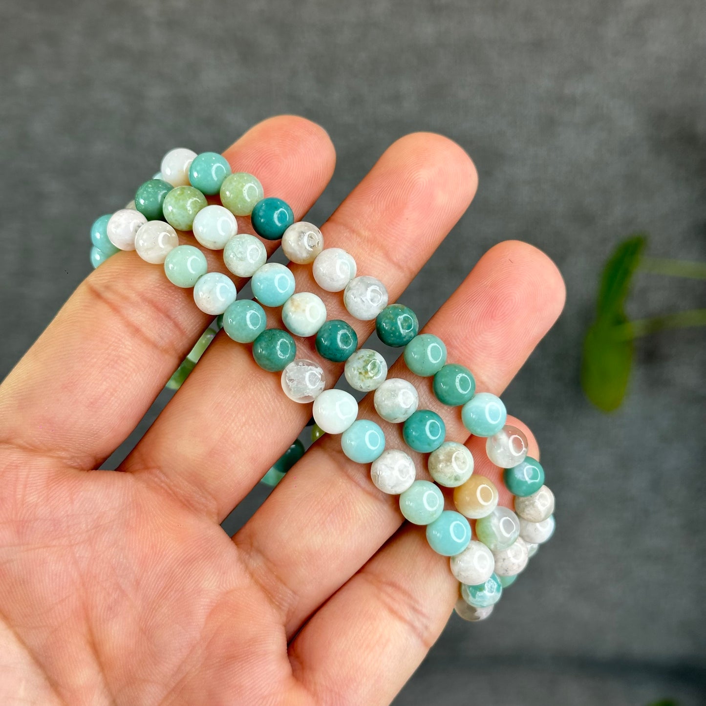Natural Green Floral Agate Triple Wrap Bracelet Size 6.7 mm