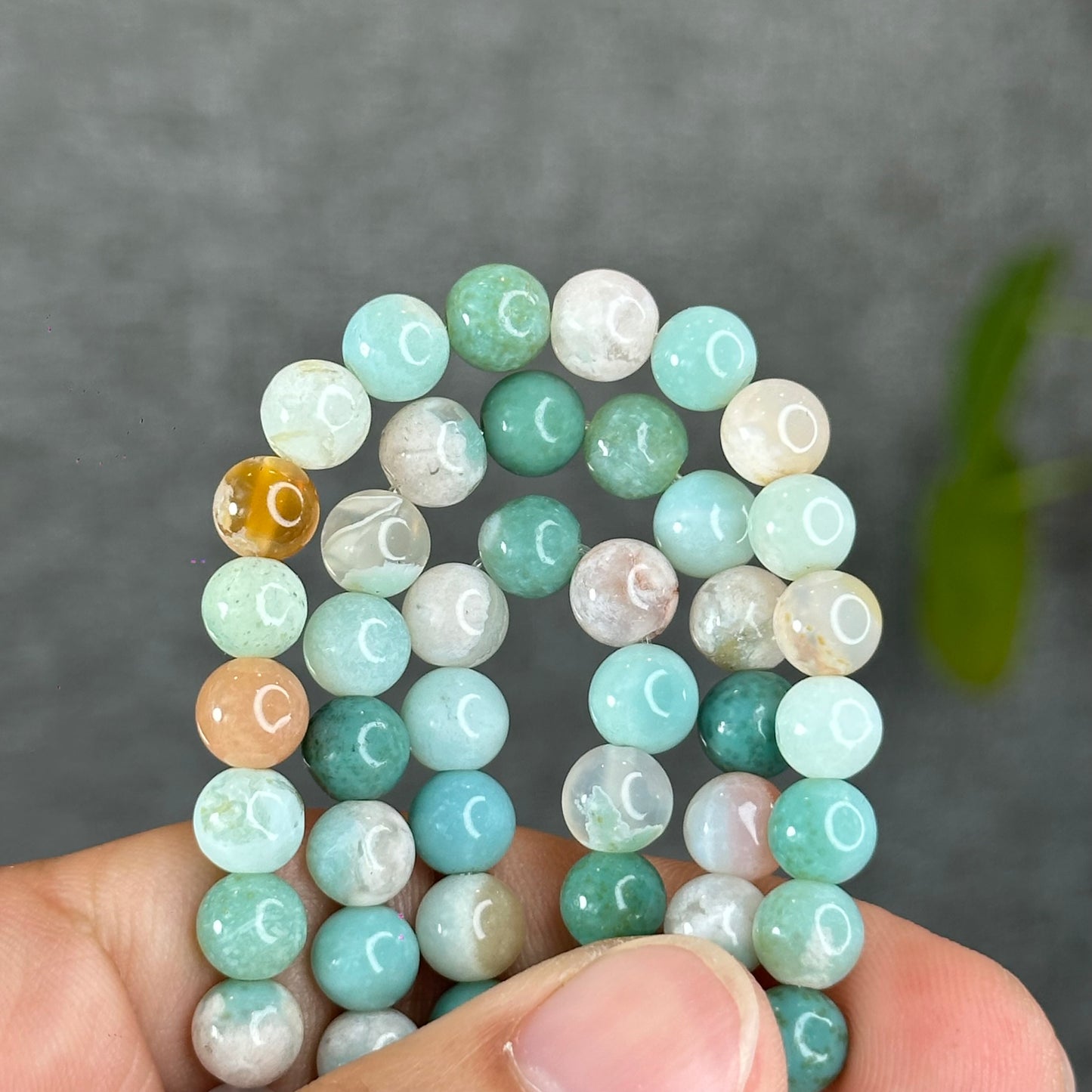 Natural Green Floral Agate Triple Wrap Bracelet Size 6.7 mm