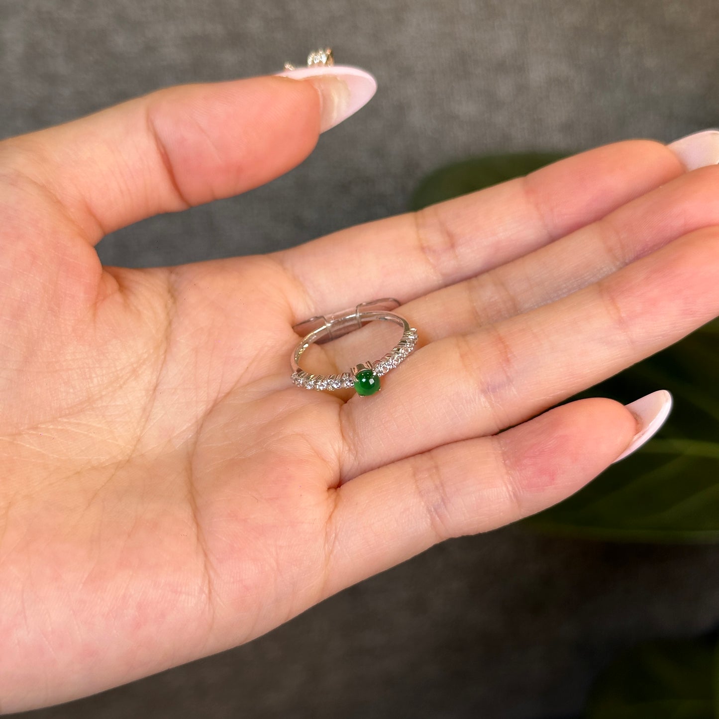 Imperial Green Natural Jadeite Jade Ring in 18 K White Gold Setting with White Sapphire Size 1.7