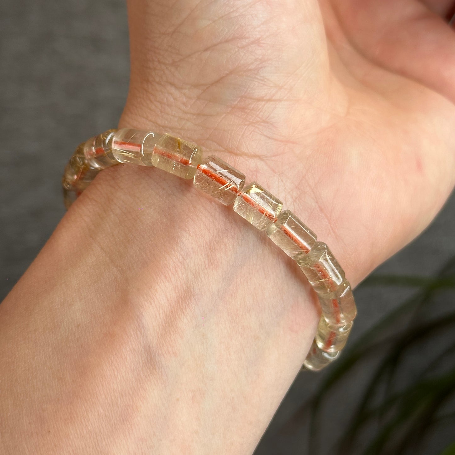 Natural Golden Rutilated Quartz Bamboo Style Bracelet Size 6 mm