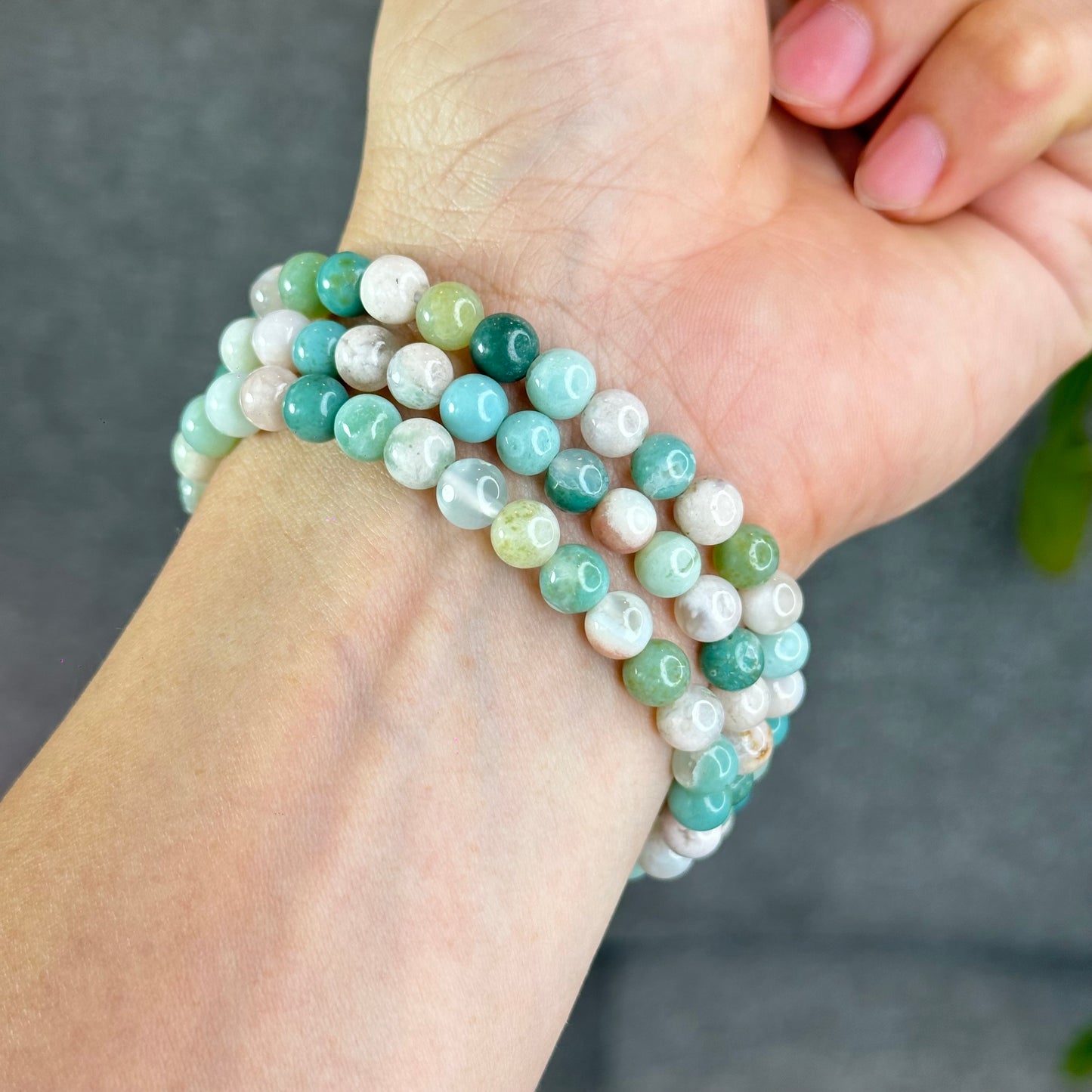 Natural Green Floral Agate Triple Wrap Bracelet Size 6.7 mm