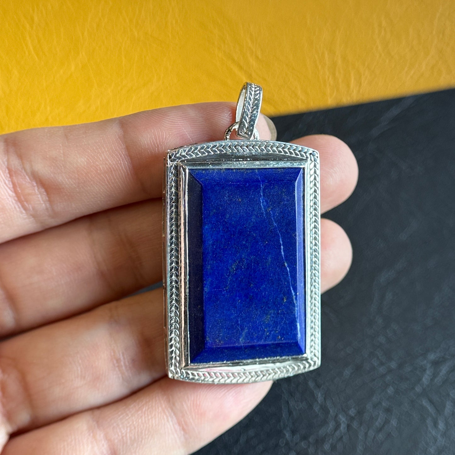 Natural Lapis Lazuli Rectangular Pendant in Gold Platted Silver Plated Setting
