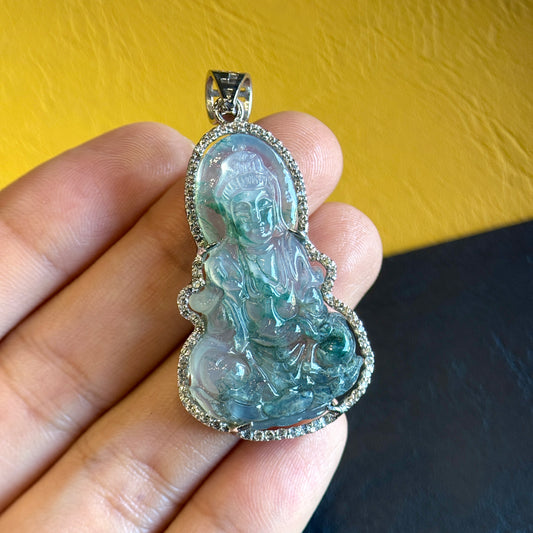 Quan The Am Buddha Natural Moss Agate Pendant in Gold Platted Silver Setting with White Stone Surrounding
