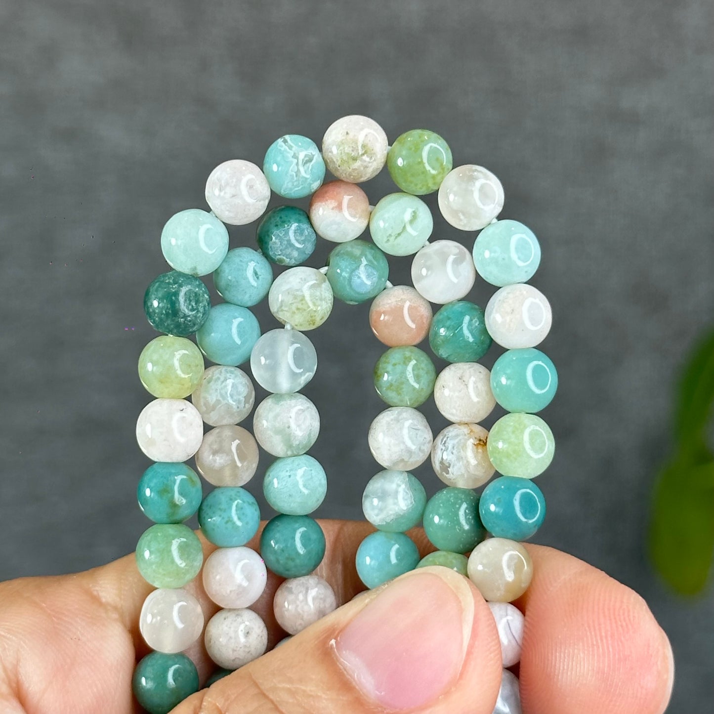 Natural Green Floral Agate Triple Wrap Bracelet Size 6.7 mm