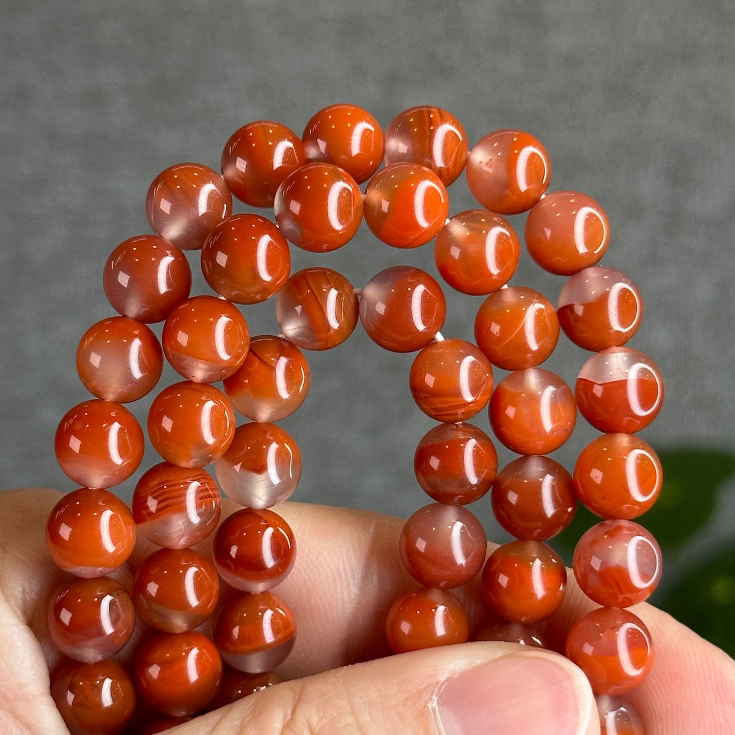 Natural Chalcedony-Nan Hong Agate Triple Wrap 108 beads Bracelet Size 8.8 mm