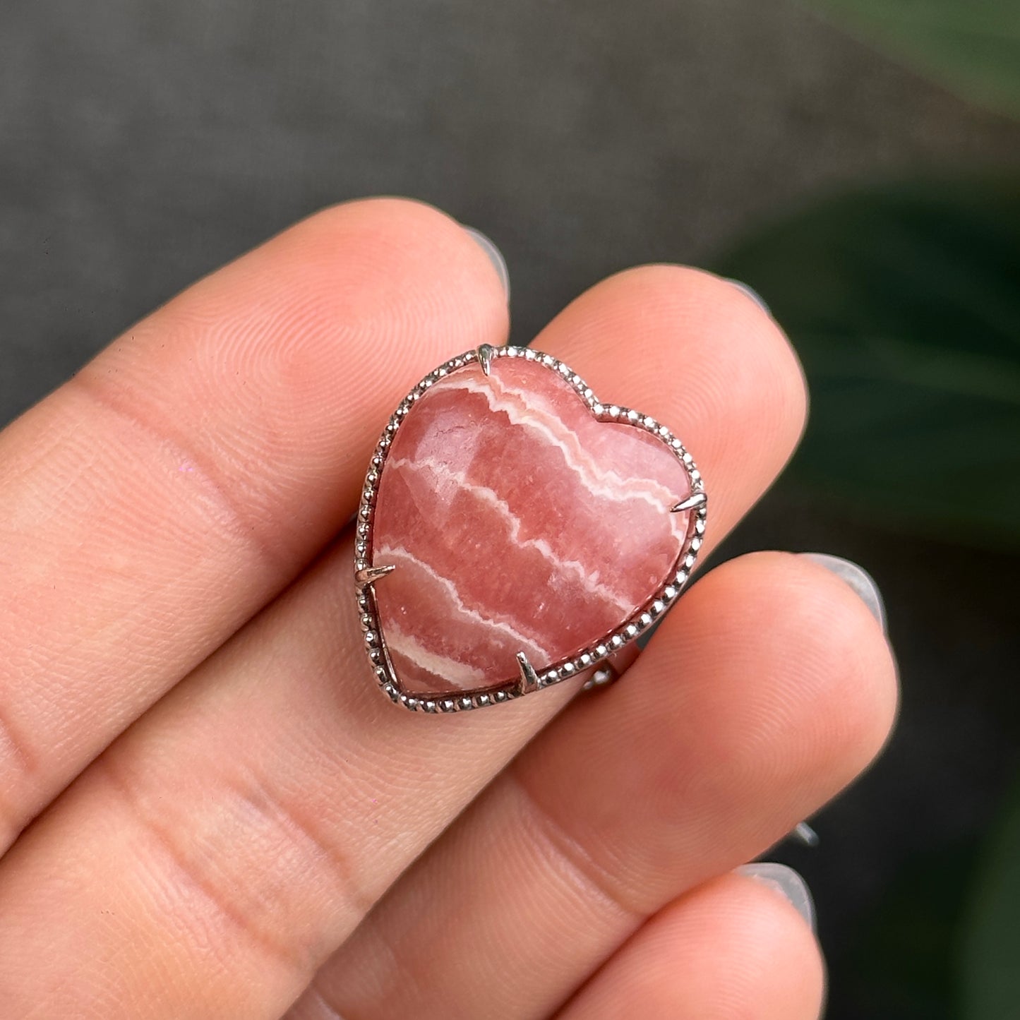 Heart Natural Rhodochrosite Ring in Silver with White Stone Setting Size 1.75