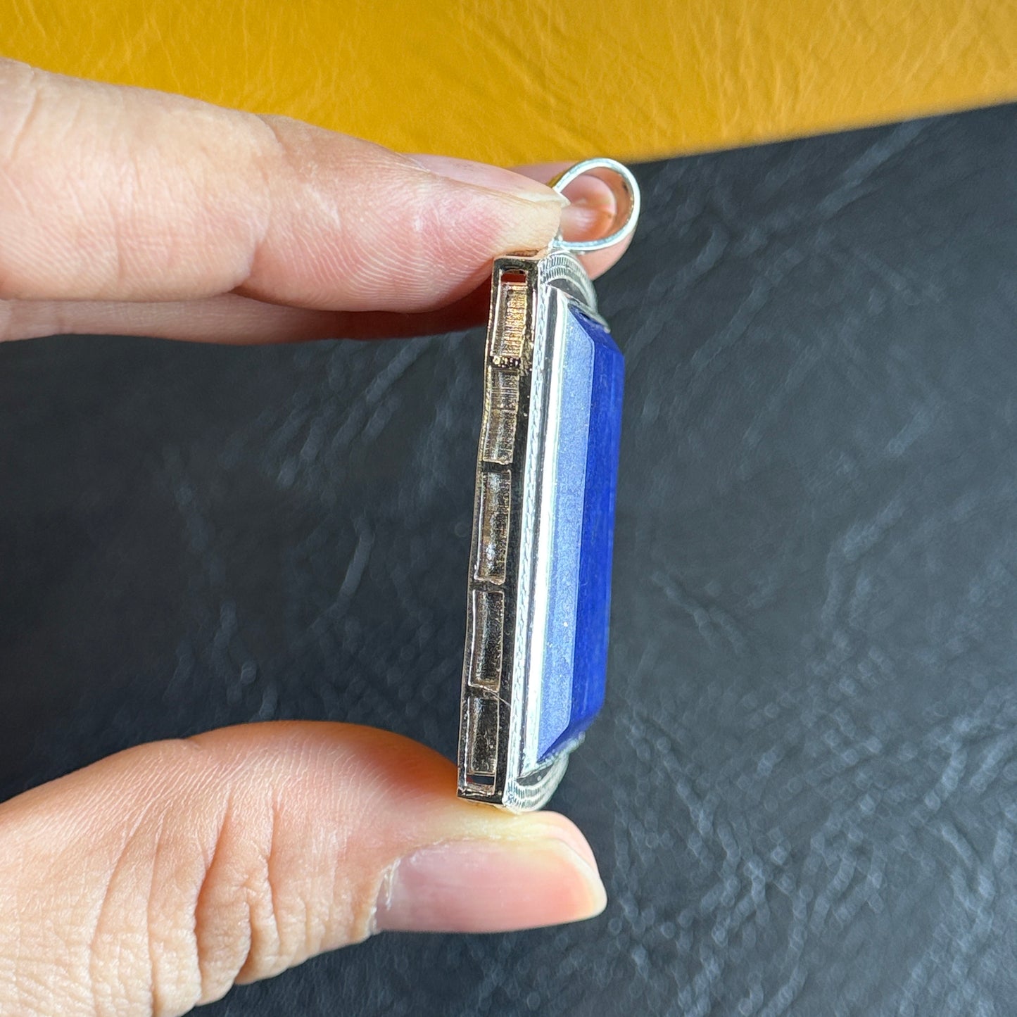 Natural Lapis Lazuli Rectangular Pendant in Gold Platted Silver Plated Setting