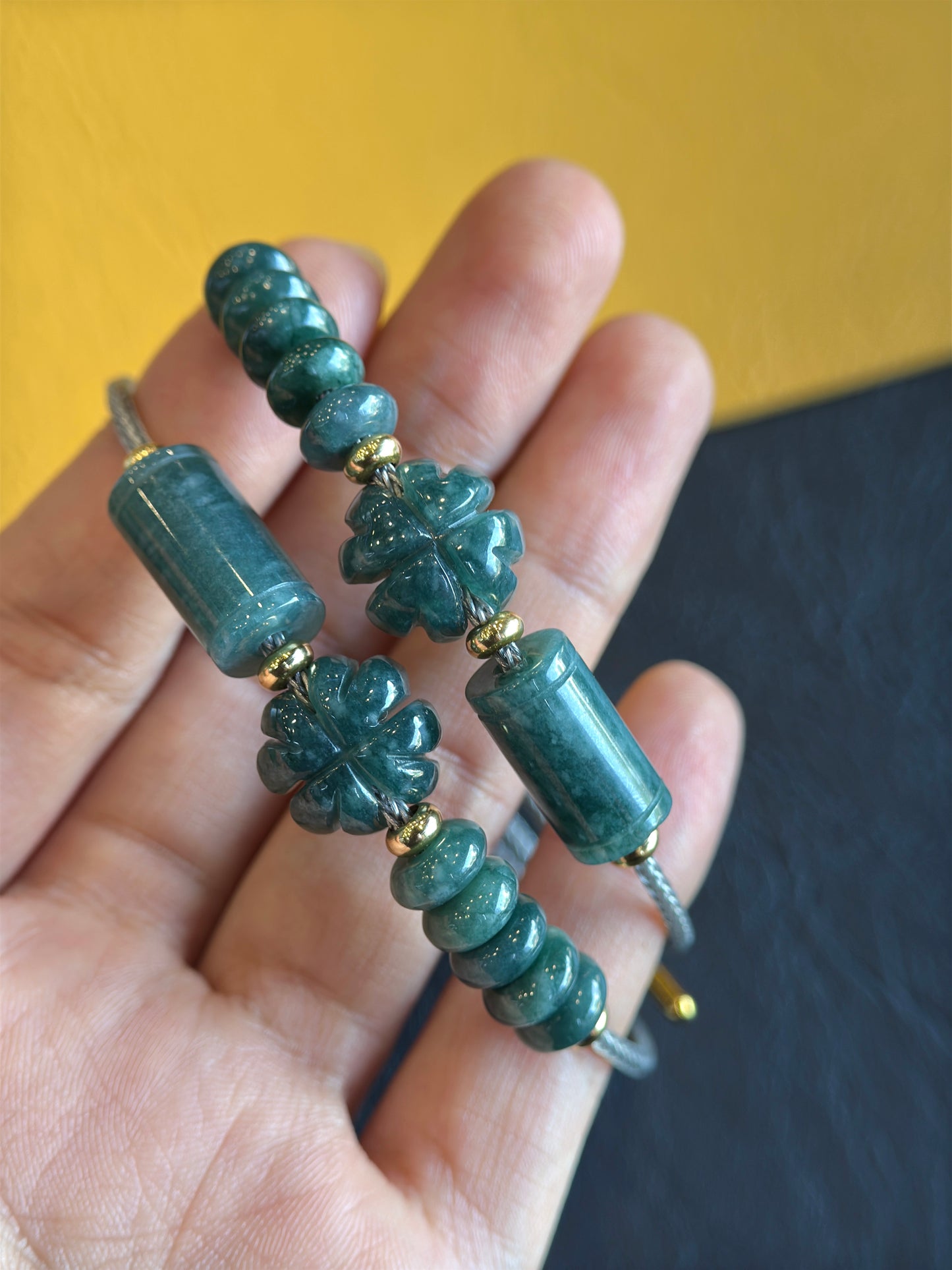 Natural Lu Thong Mix 4 Leaf Clover and Prosperity Donut Natural Blue Jadeite Jade Bracelet