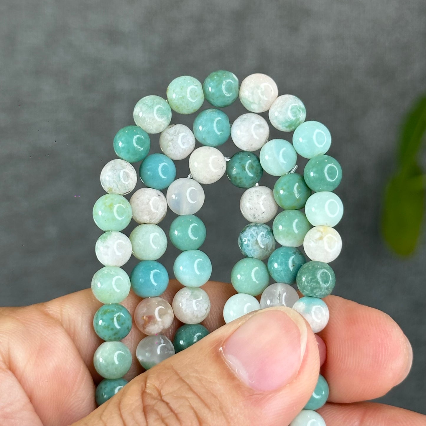 Natural Green Floral Agate Triple Wrap Bracelet Size 6.7 mm