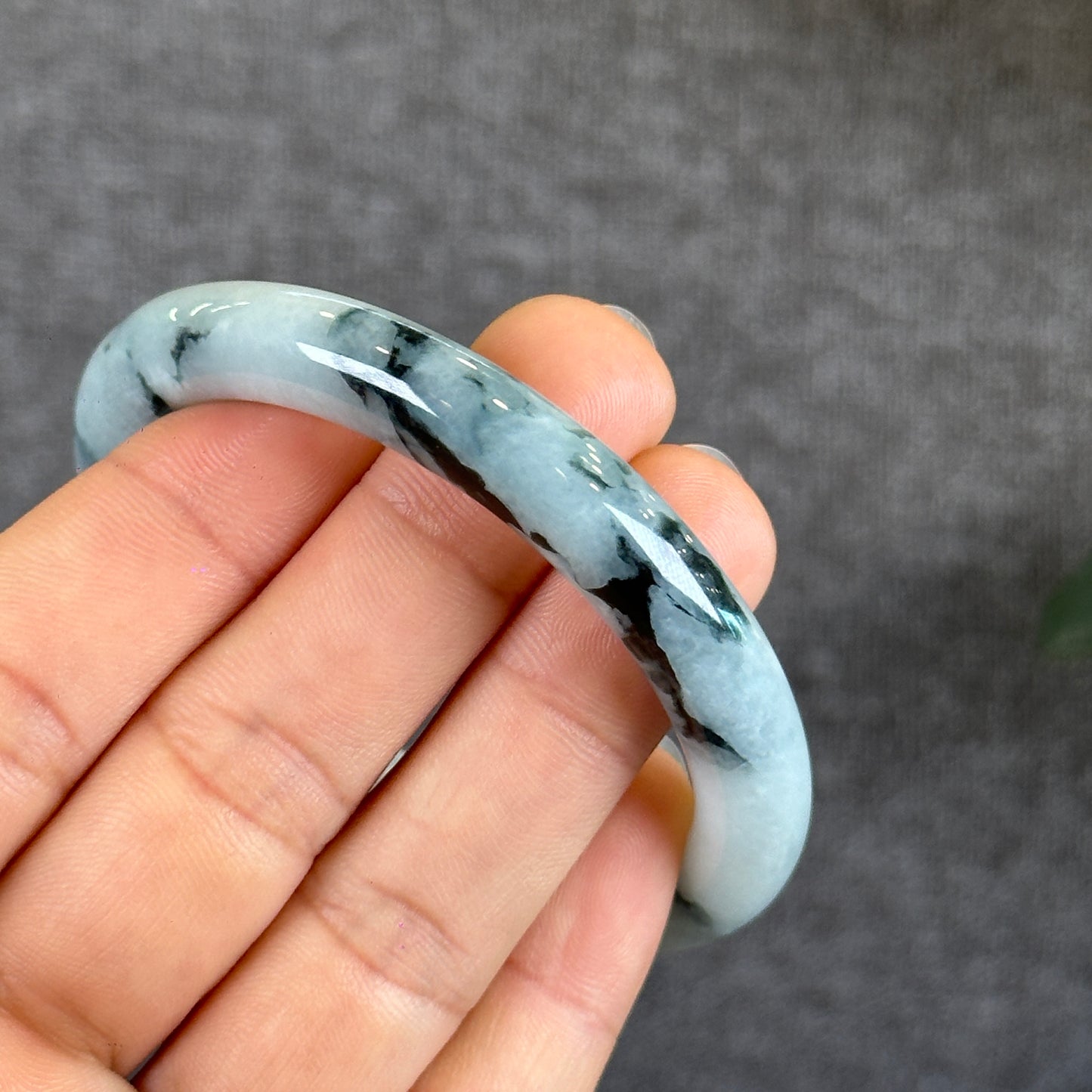 Water Green Floral Pattern Jadeite Jade Bangle Chopstick Sytle Size 53.4 mm