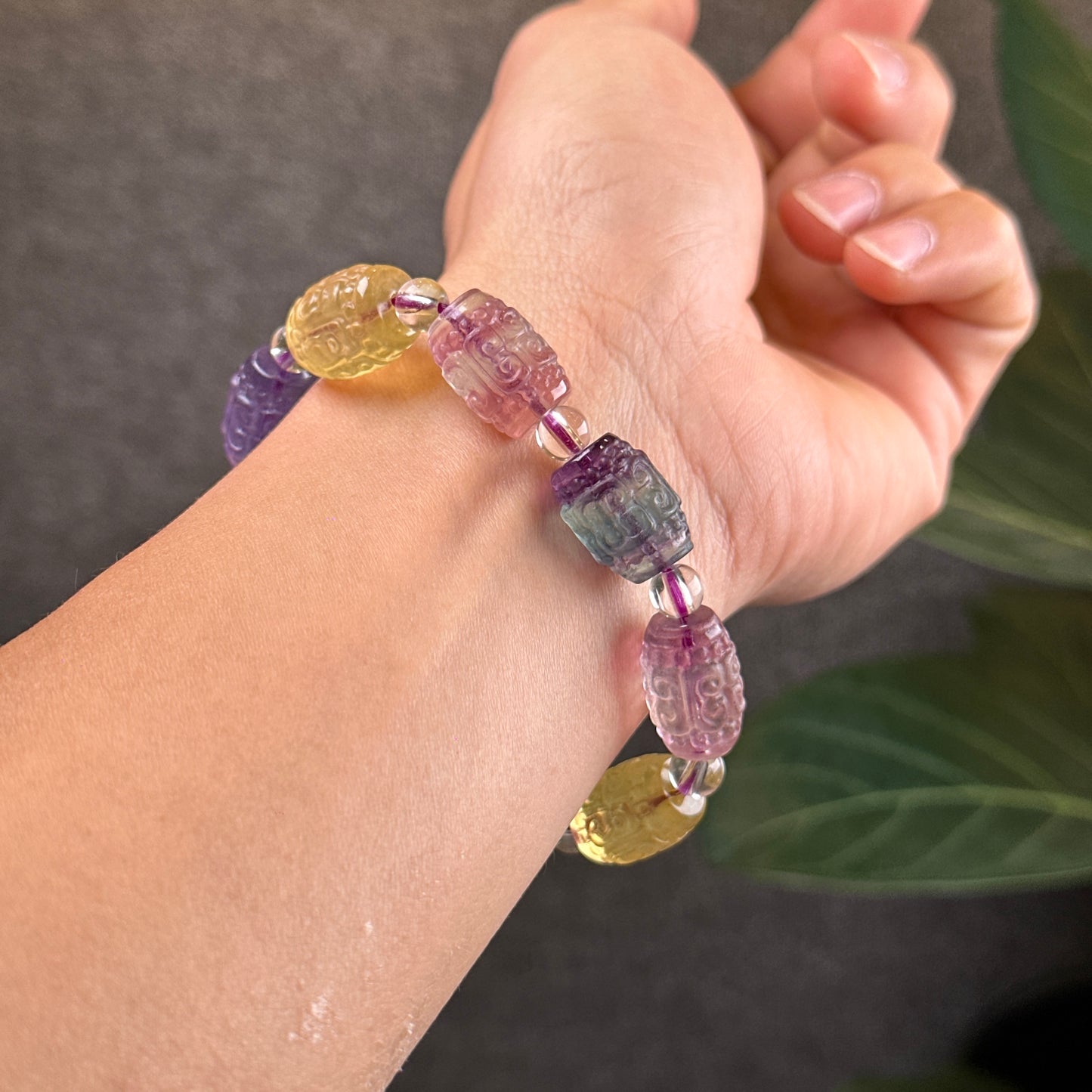 Natural Fluorite Barrel Carved Bracelet Size 10.8 mm