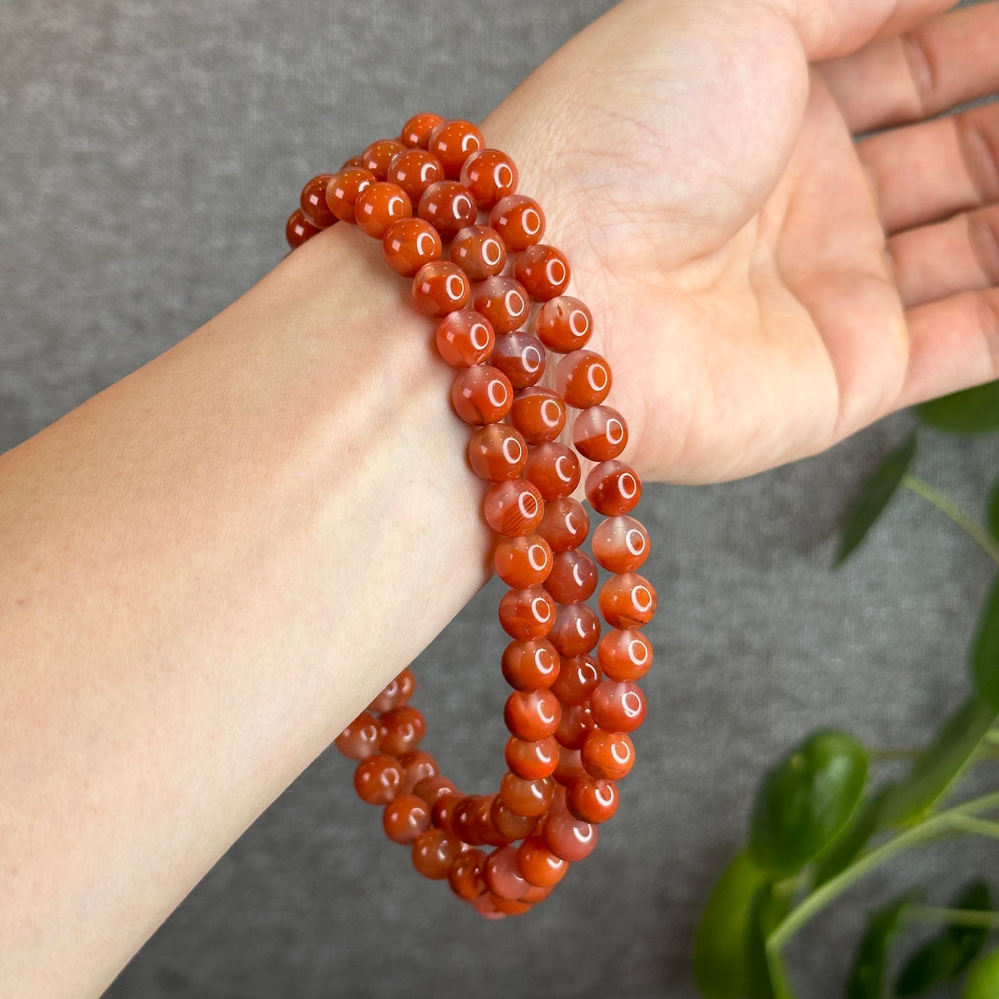 Natural Chalcedony-Nan Hong Agate Triple Wrap 108 beads Bracelet Size 8.8 mm