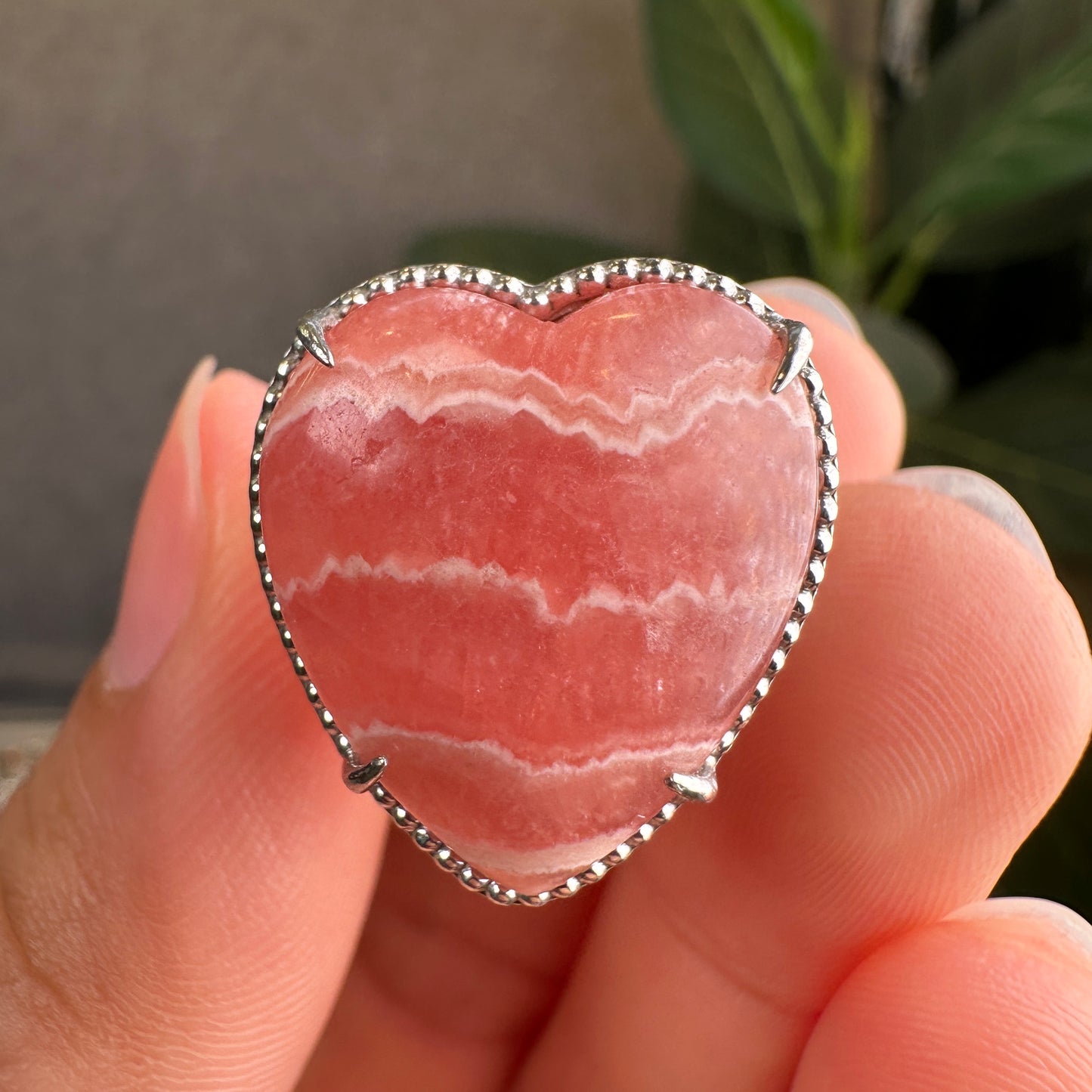 Heart Natural Rhodochrosite Ring in Silver with White Stone Setting Size 1.75